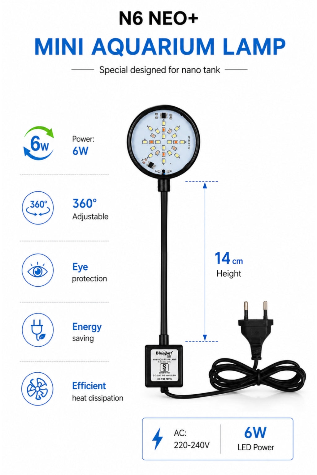 Aquarium Clamp Light 6W n6 neo+ | 360° Flexible Light for Fish Bowls & 1–2 Feet Tanks | Suitable for Betta Fish, Turtle & Planted Aquariums