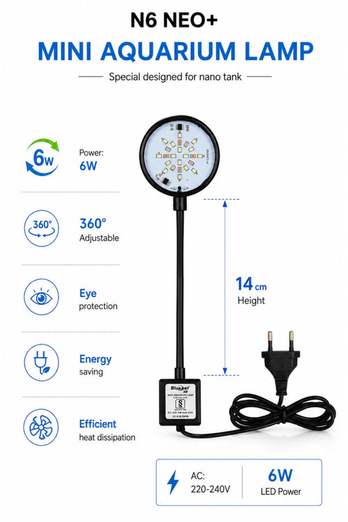Aquarium Clamp Light 6W n6 neo+ | 360° Flexible Light for Fish Bowls & 1–2 Feet Tanks | Suitable for Betta Fish, Turtle & Planted Aquariums